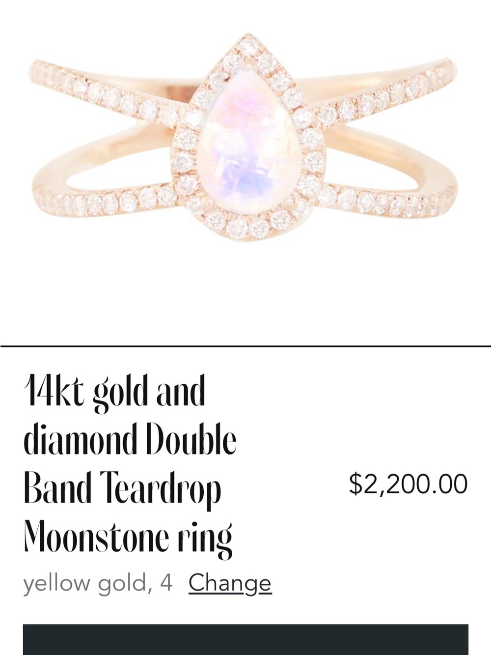 14kt Yellow Gold Double-Band Teardrop Moonstone Ring with Diamond Halo